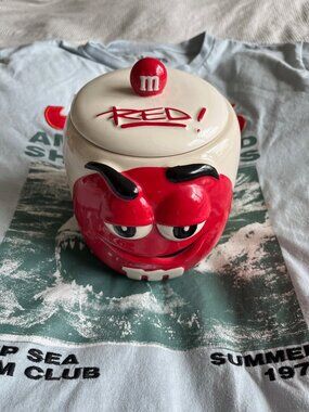 Vintage M&M’s Red Candy Jar Cookie Jar Canister Galeries Ceramic With Lid